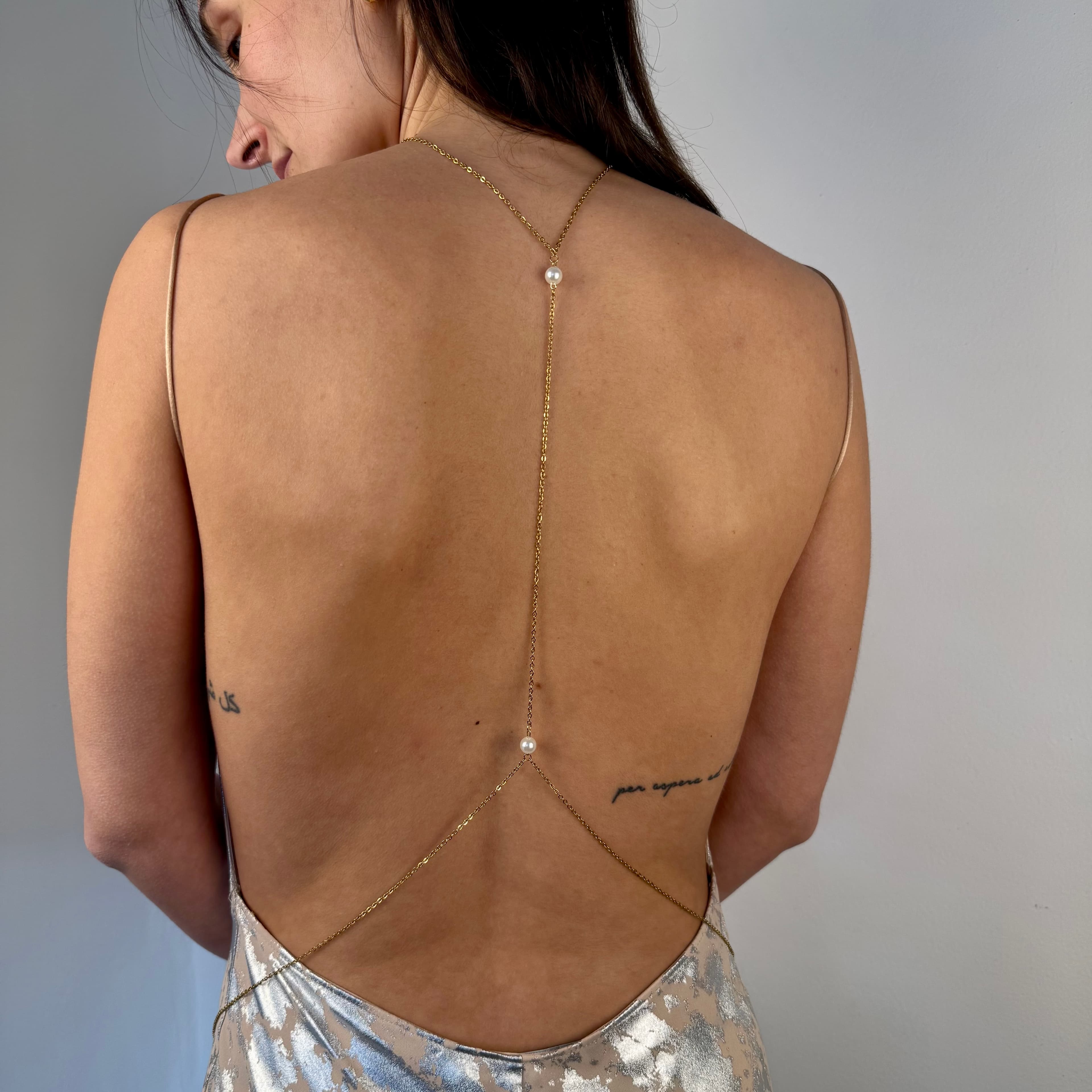Pearl back chain silver dress