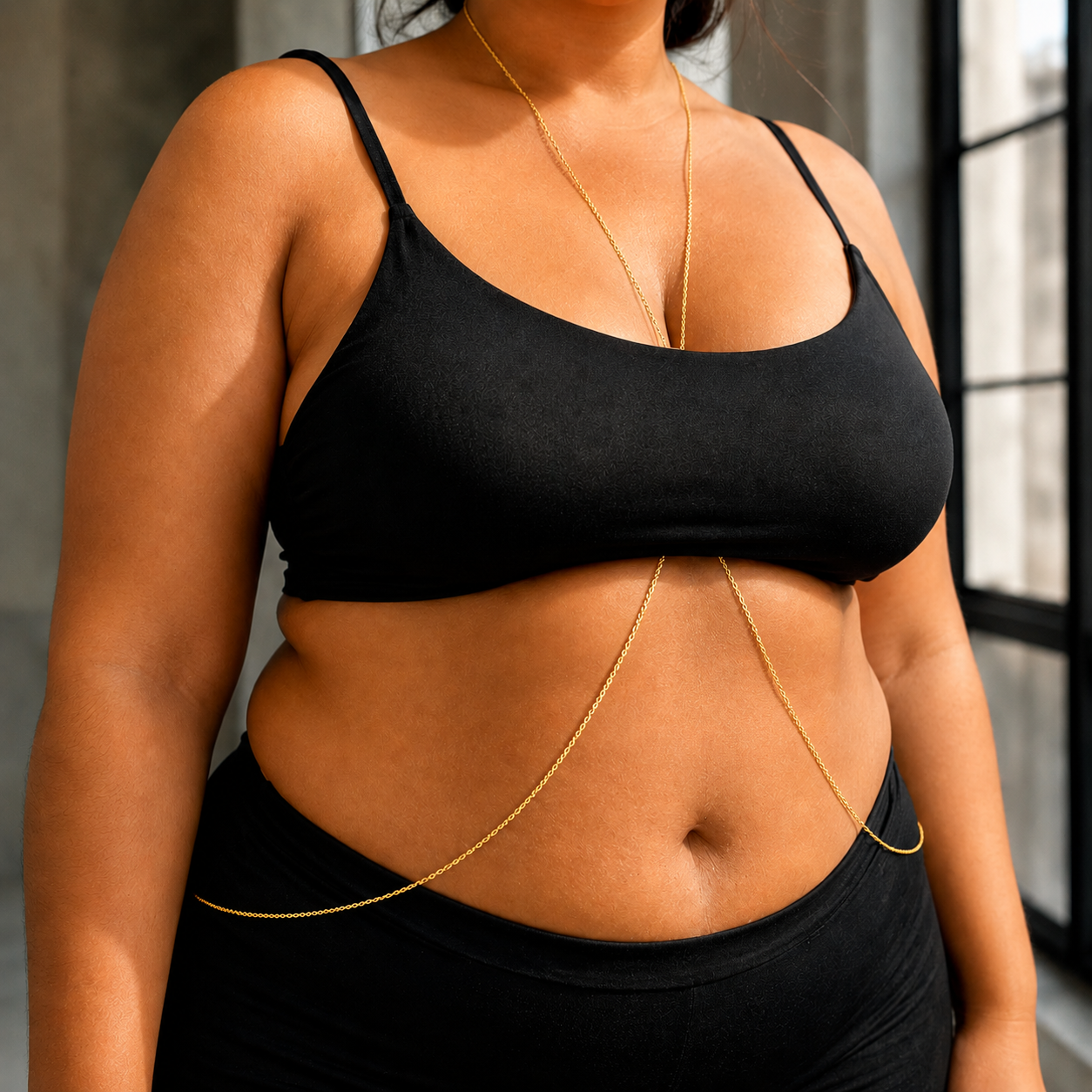 Plus size gold and silver stainless steel body chain, waterproof bikini accessory for curvy women, four fitted sizes