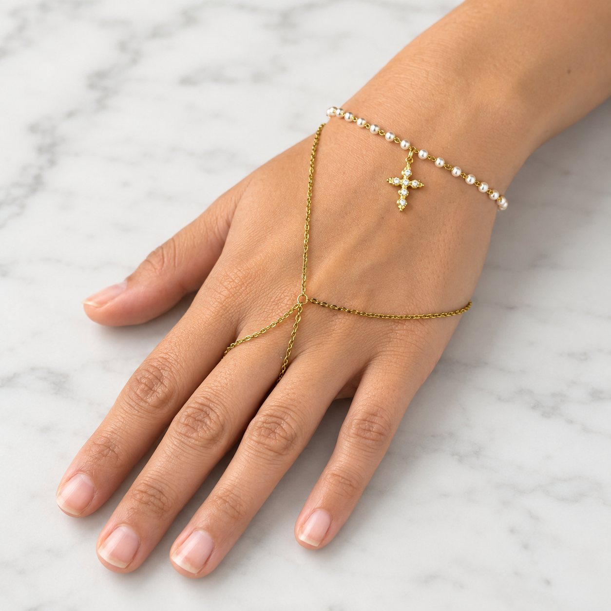Gold and silver stainless steel pearl hand chain with dangling cross pendant, waterproof faith jewelry for confirmation and communion gifts