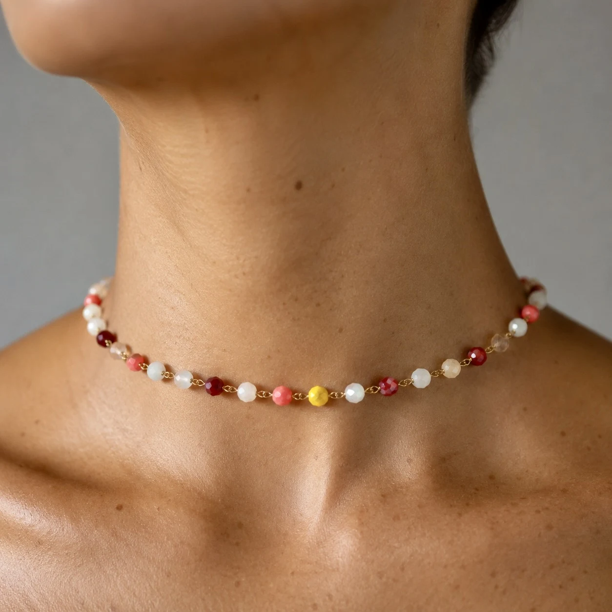 Colorful crystal bead choker necklace with faceted glass beads and gold-tone stainless steel chain for everyday wear