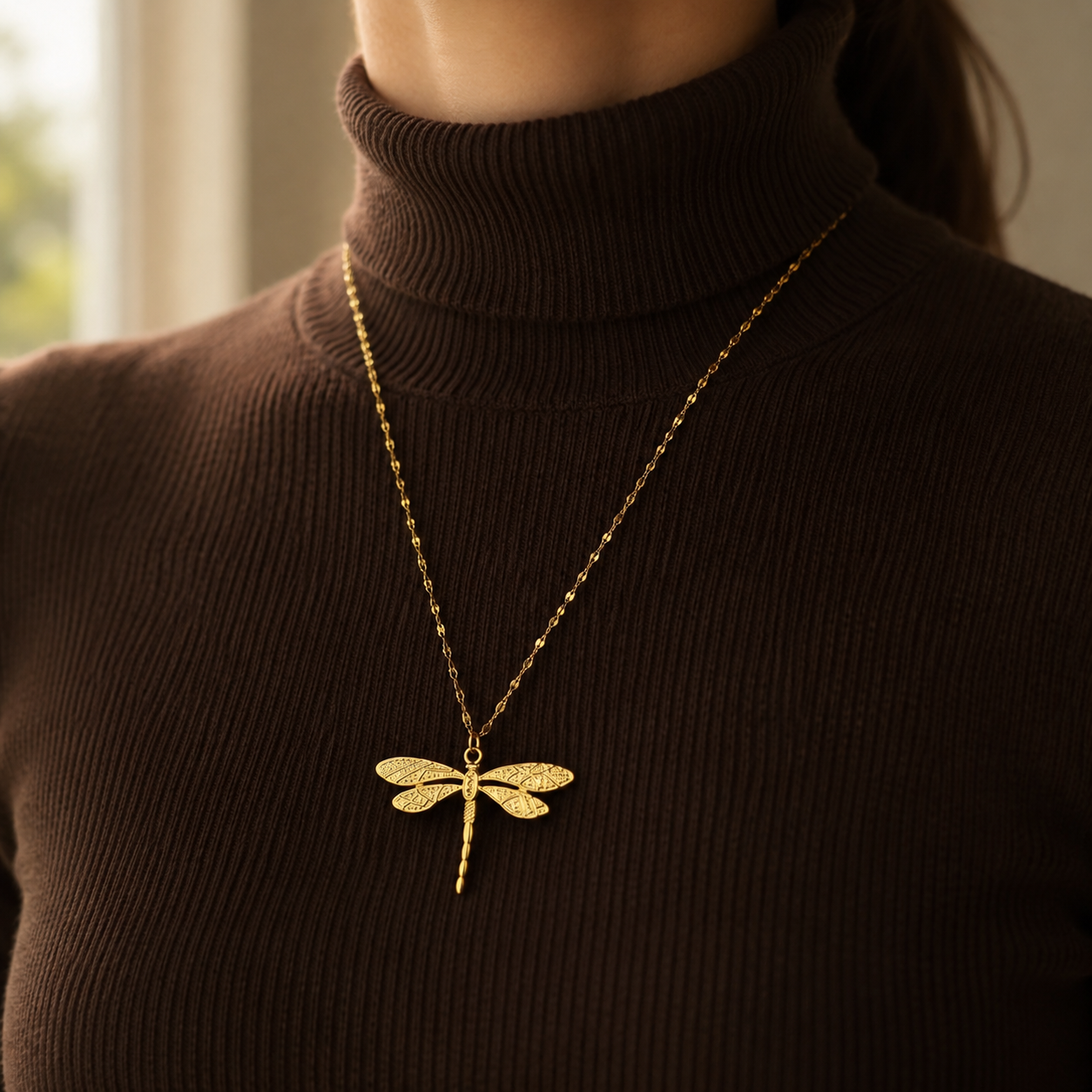 Gold and silver stainless steel mirror-link chain necklace with detailed dragonfly charm pendant