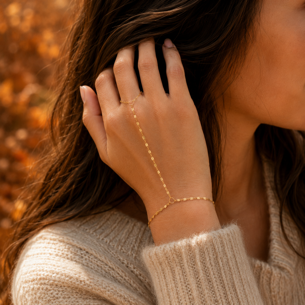 Dainty gold and silver stainless steel mirror link hand chain, adjustable finger to wrist bracelet