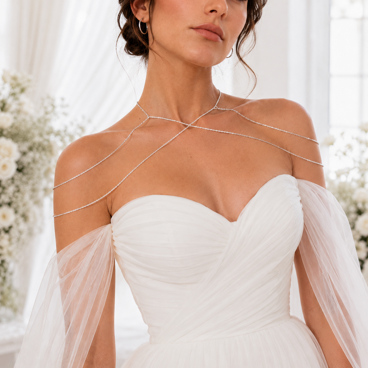 Gold tone stainless steel goddess shoulder chain for weddings and formal events, elegant body jewelry