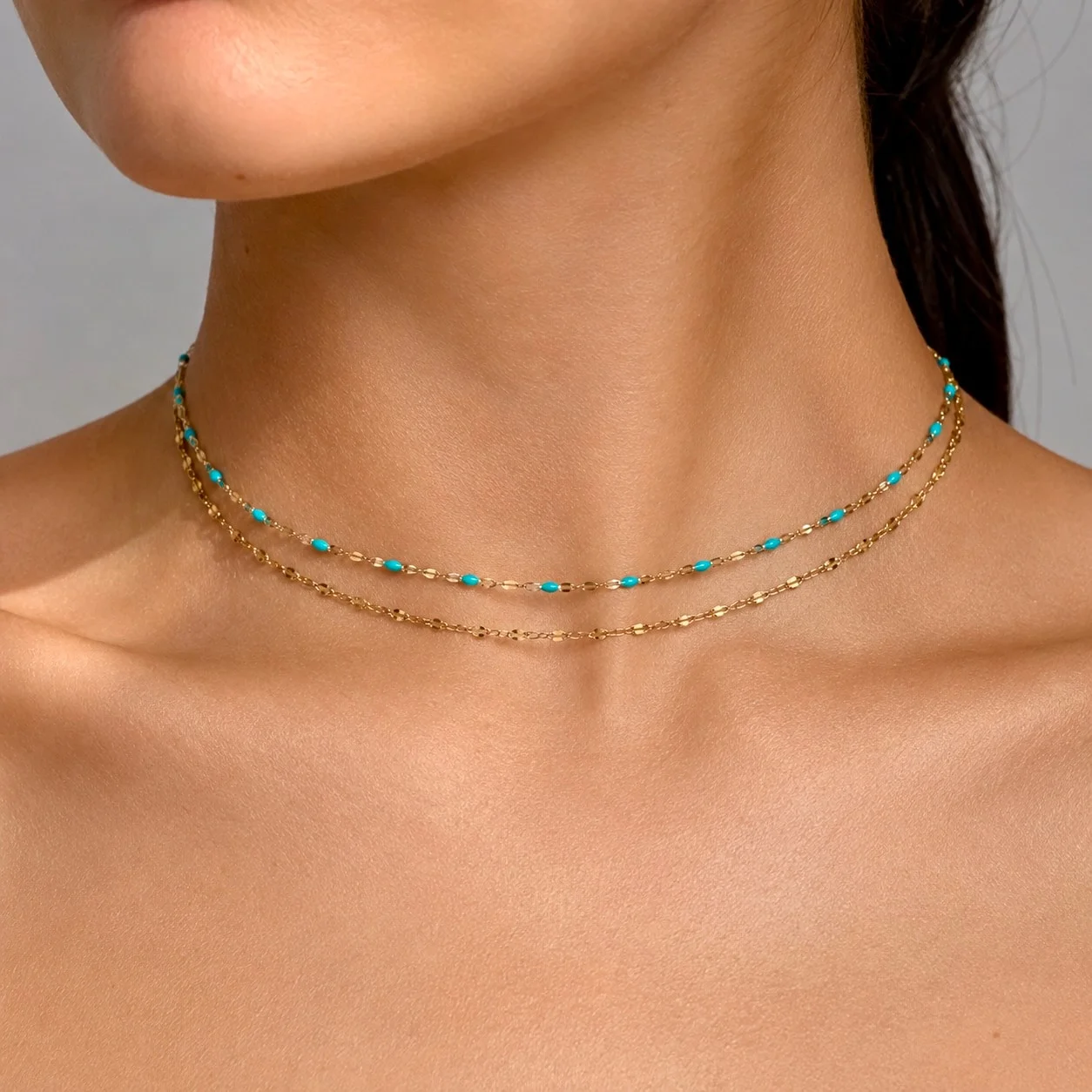 Turquoise enamel bead dainty choker necklace in stainless steel with gold mirror-link chain layering